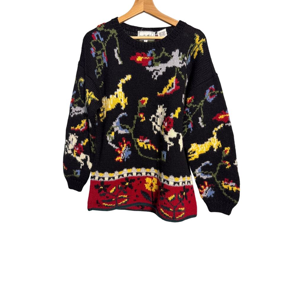 Vintage Needleworks Hand Knit Wool  Sweater Women’s L 80s 90s Folk Art Intarsia